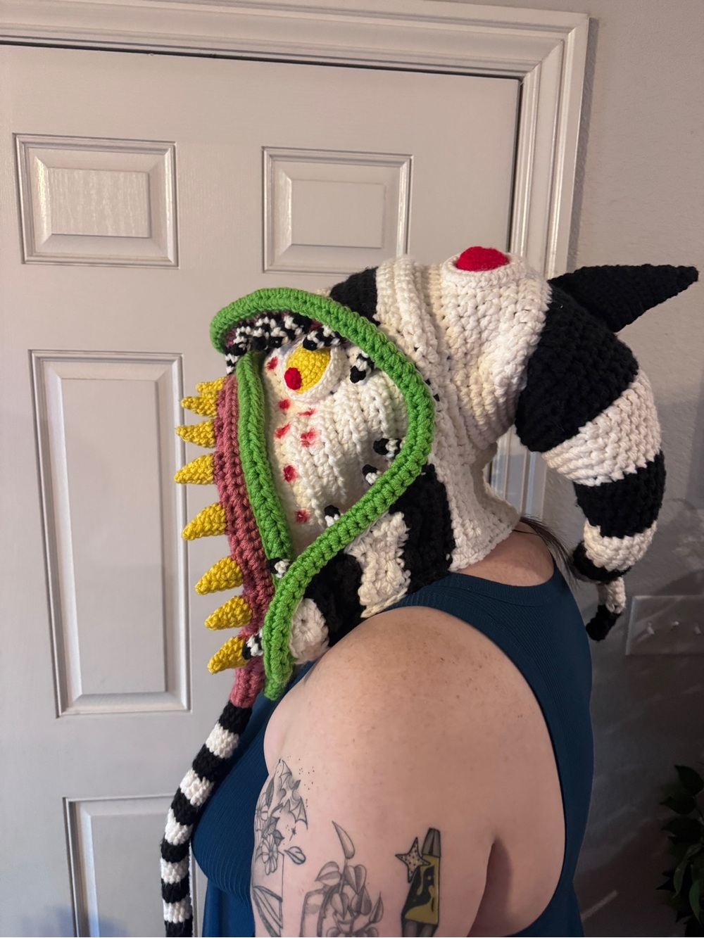Handmade Black & White Striped Sandworm Crochet Hood - Picture 3 of 5